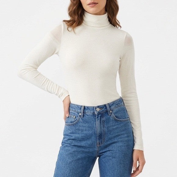 Naked Wardrobe Cream Turtleneck Long Sleeve Bodysuit Size M