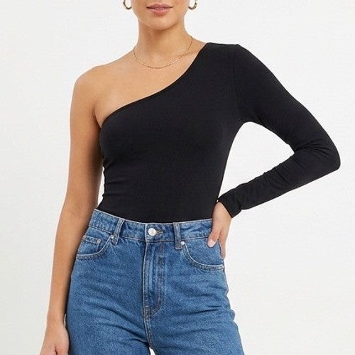 Naked Wardrobe Womens One Shoulder Long Sleeve Bodysuit Black Size M