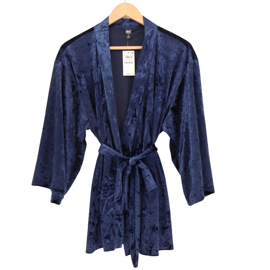 I.N.C. International Concepts Intimates Velvet Robe Womens Medium Navy Tie Front