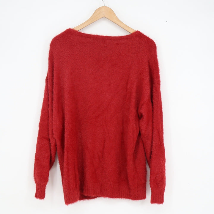Old Navy Womens XS Red Fuzzy Eyelash Knit V-Neck Relaxed Pullover Sweater