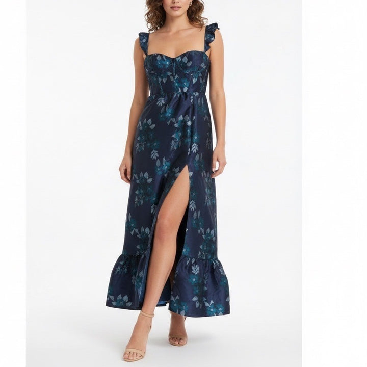 Dessy Collection Midnight Navy Floral Damask Maxi Dress Size 16R