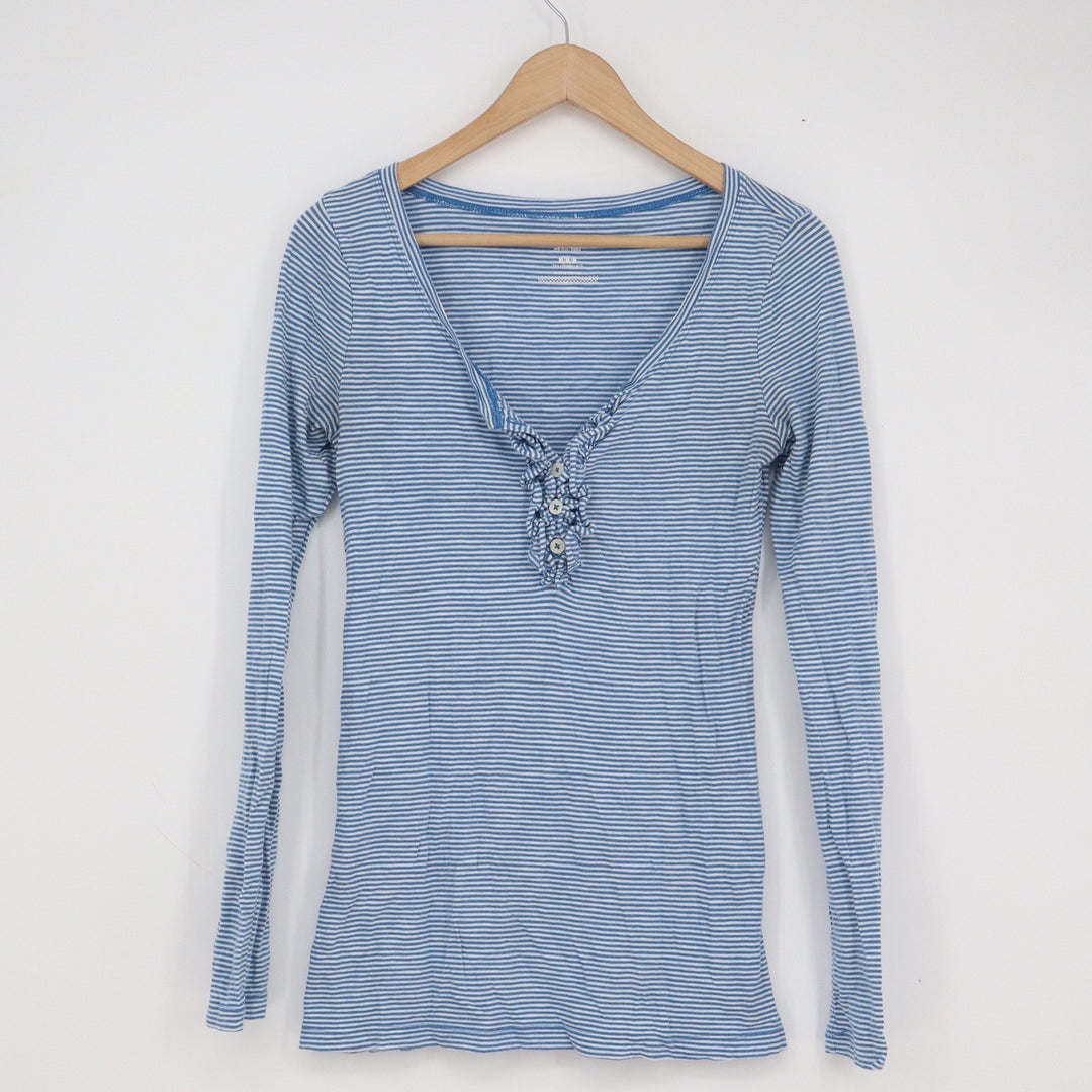 Old Navy Womens Blue White Striped Ruffle Henley Long Sleeve Top Tall Medium