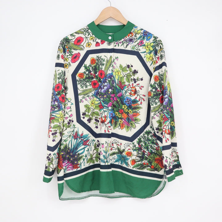 Floral Scarf Print Button Up Blouse Green Botanical Mandarin Collar Large