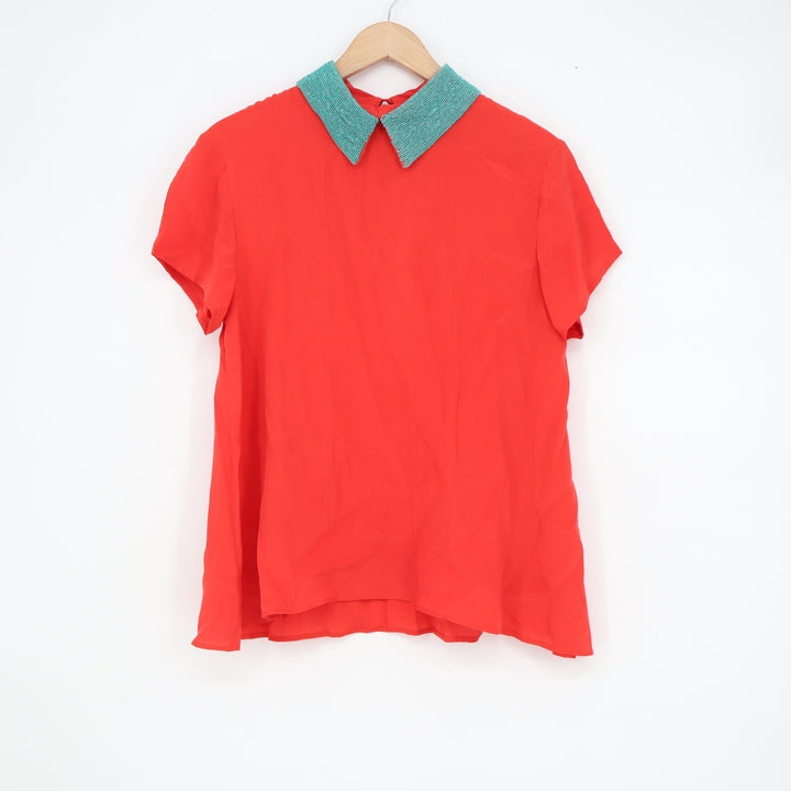 EPIC by JF & SON Red Short Sleeve Blouse Teal Beaded Peter Pan Collar Medium
