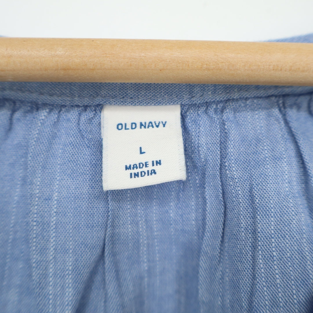 Old Navy Blouse Women L Blue Space Dye Cotton Pleated Henley Neck Balloon Sleeve
