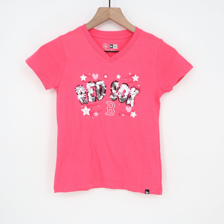 New Era Boston Red Sox Girls Pink Sequin V-Neck Graphic T-Shirt Size 7/8 NWT