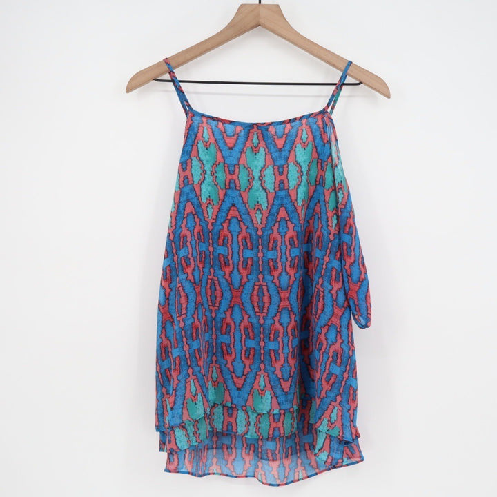 Nicole Miller M Cold Shoulder Tie Neck Blouse Top Geometric Print Blue Pink M