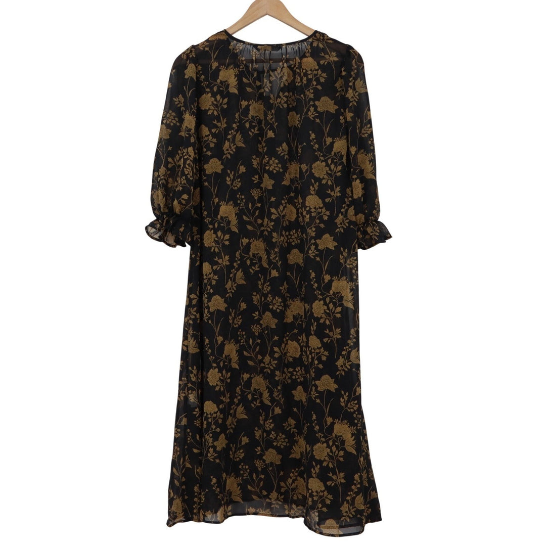 Minimal Thien Dress Black Gold Floral Midi Ruffle Sleeve Split Neck Size 4