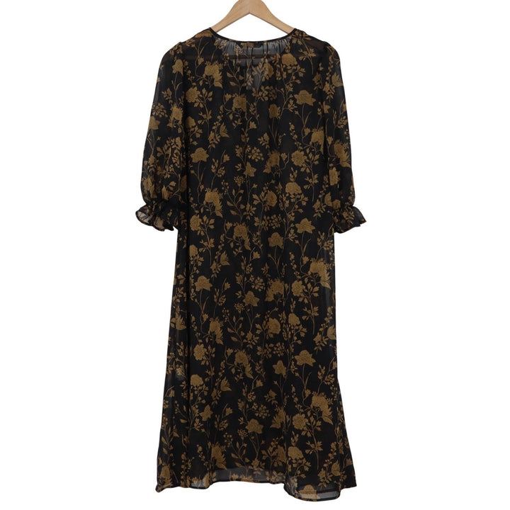 Minimal Thien Dress Black Gold Floral Midi Ruffle Sleeve Split Neck Size 4