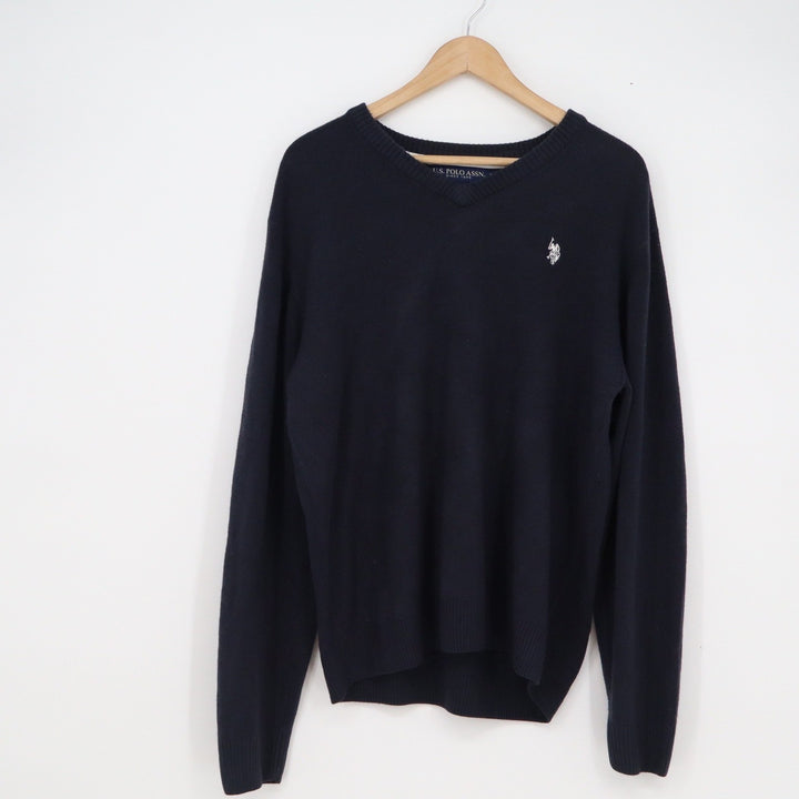 US Polo Assn Mens V Neck Sweater Navy Blue Large Embroidered Logo Acrylic Knit