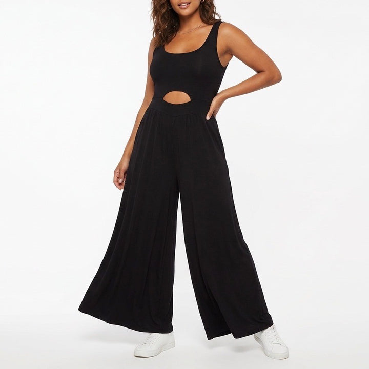 PeekaBoo Cut-Out Jumpsuit Womens Black Pleated Wide-Leg Scoop Neck Sleeveless