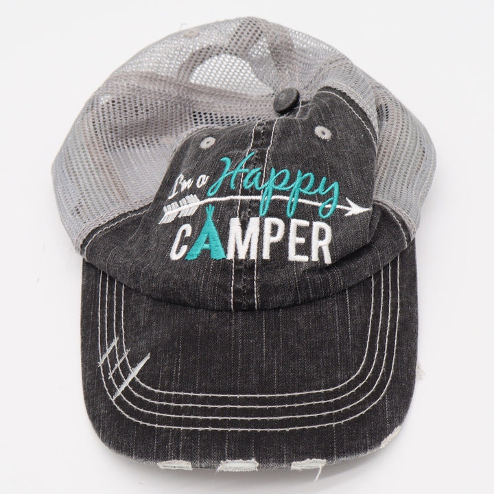 Katydid Hat Womens OSFA Happy Camper Black Distressed Mesh Trucker Cap Excellent