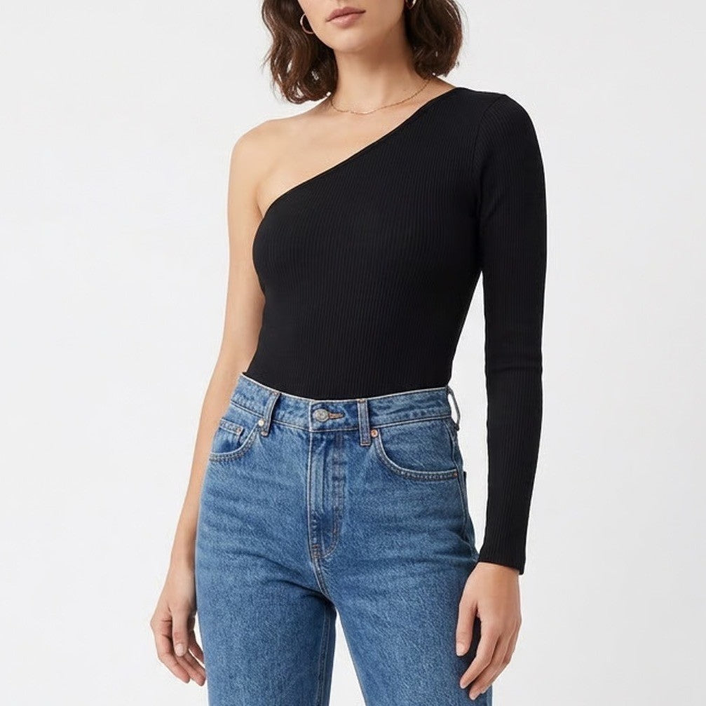 Naked Wardrobe Black One Shoulder Long Sleeve Bodysuit Size M