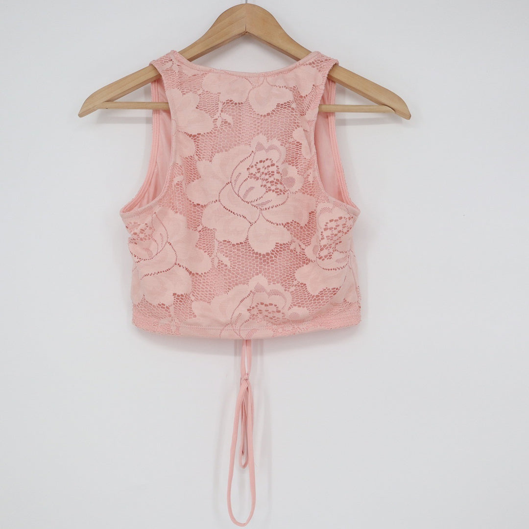 Marci Pink Floral Lace Up Front Crop Top Sleeveless V-Neck Medium Made in USA