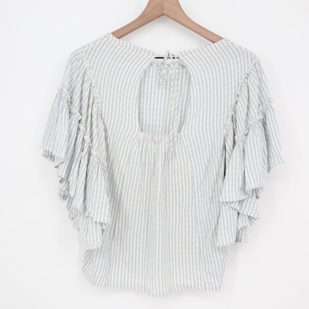 Chelsea & Theodore Crop Top Womens XS Blue White Striped Stretch Ruffled Sleeve