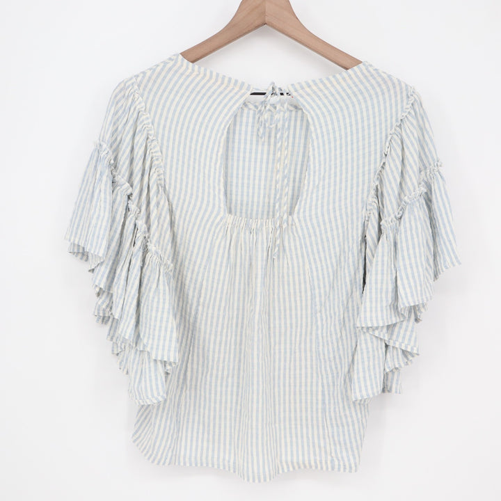 Chelsea & Theodore Crop Top Womens XS Blue White Striped Stretch Ruffled Sleeve
