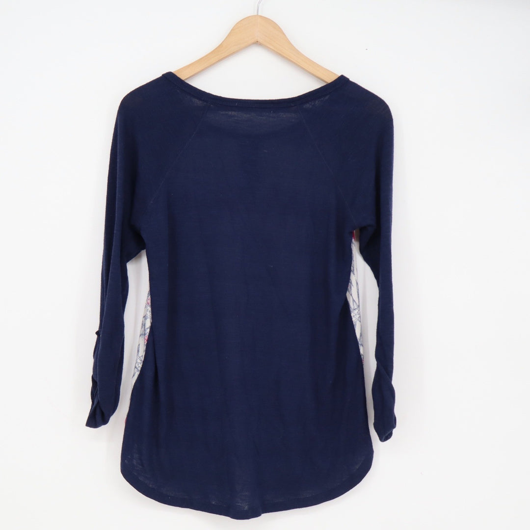 Rewind Womens Navy Blue Pink Geometric Chevron Henley Mixed Media Top M
