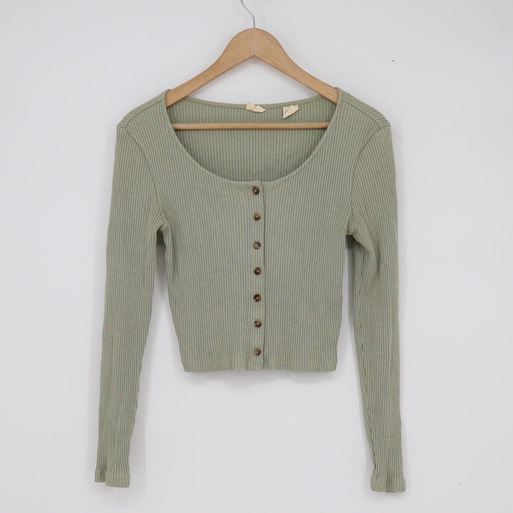 Levis Womens Sage Green Ribbed Knit Scoop Neck Button Front Cardigan Top Small