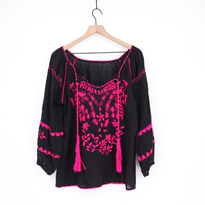 Black Embroidered Tassel Boho Blouse Long Sleeve Cotton