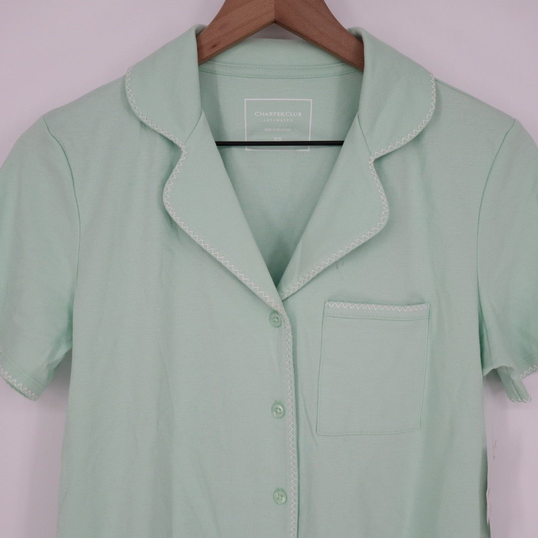 Charter Club Intimates Pajama Shirt Womens XS Green Lapel Collar Short Sleeve