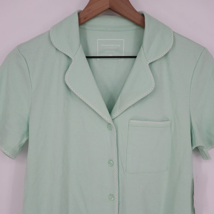 Charter Club Intimates Pajama Shirt Womens XS Green Lapel Collar Short Sleeve
