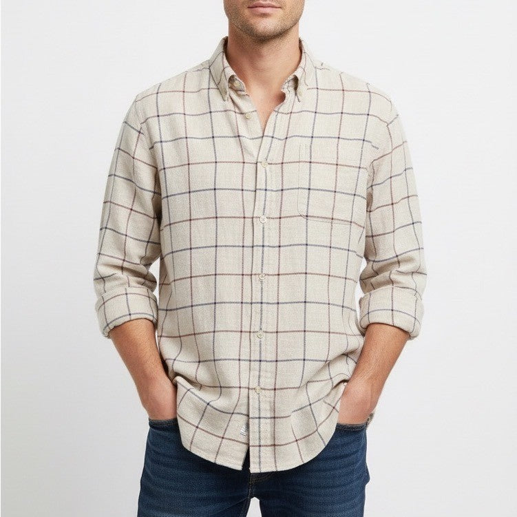 Croft & Barrow Mens L Button Down Shirt Long Sleeve Plaid Beige Blue Brown