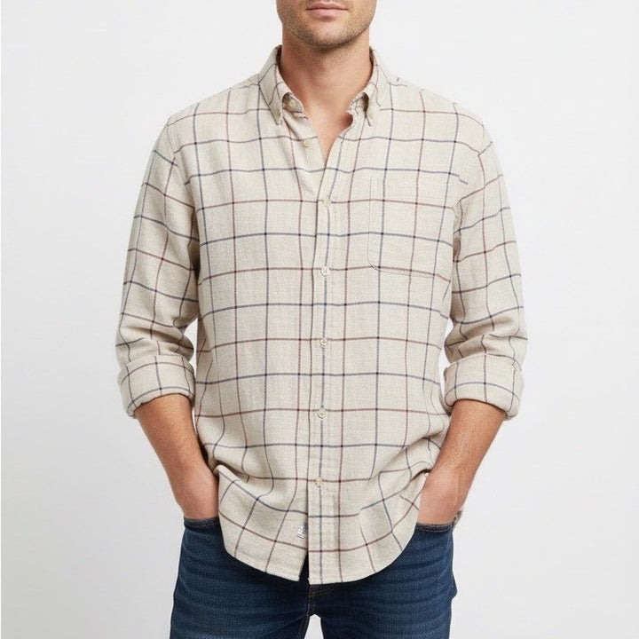 Croft & Barrow Mens L Button Down Shirt Long Sleeve Plaid Beige Blue Brown