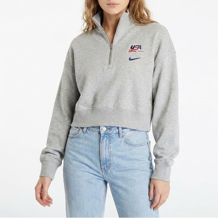 Nike Phoenix Crop Quarter Zip USA Hockey Fleece Sweatshirt Grey Large