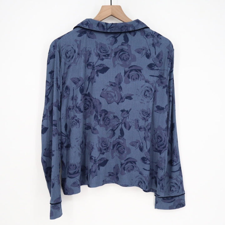 Roudelain 2-PC Pajamas Set Womens Large Blue Floral Stretch Ribbed Lapel Collar