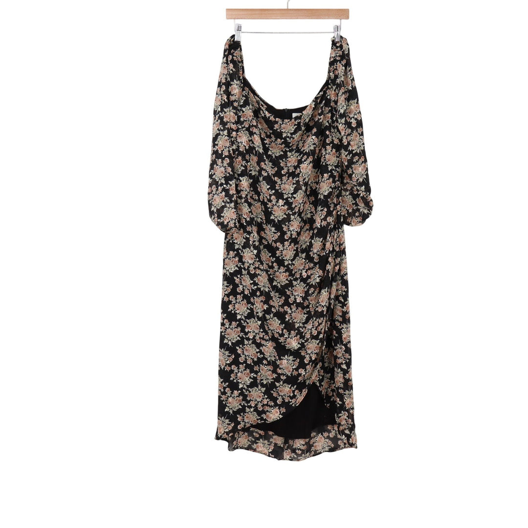 Floret Studios Dress Women's L Black Floral Tulip Hem NWT