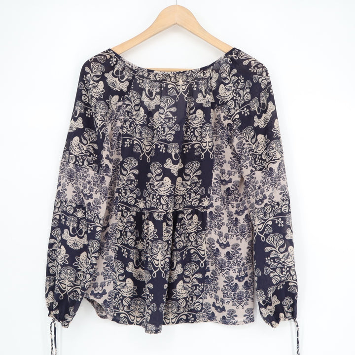 Princess Vera Wang Blouse Womens S Blue White Floral Stretch Pleated Split Neck