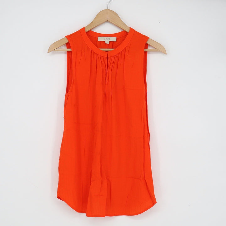LOFT Orange Sleeveless Clip Dot Rayon Blouse Split Neck Top Small