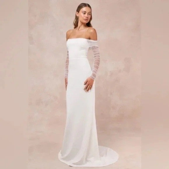 Lulus Beautifully Beloved White Mesh Off-The-Shoulder Maxi Dress Size XXS