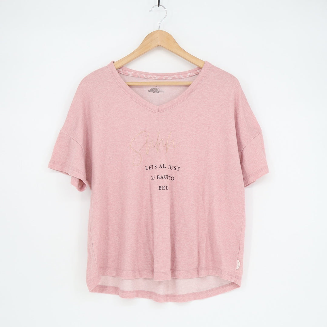 Danskin T Shirt Womens XL Light Pink Graphic Print Let's All Just Go Back to Bed