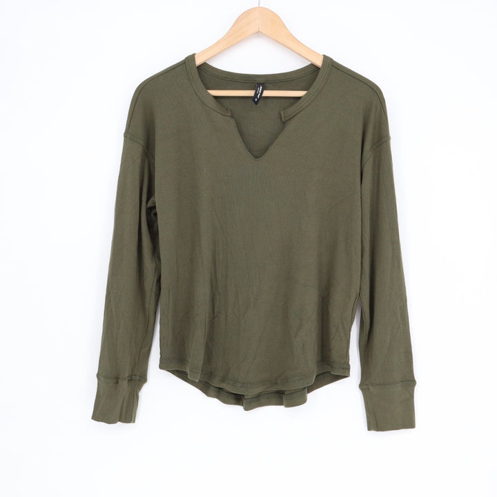 American Giant Luxe Rib Womens Small Olive Green V-Notch Long Sleeve Pullover