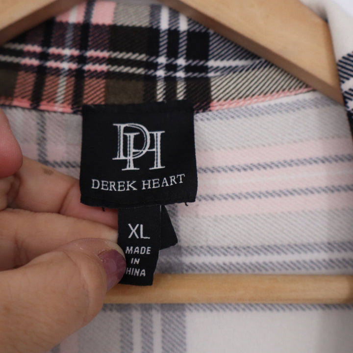 Derek Heart Pink White Black Plaid Empire Waist Roll Tab Tunic Top XL