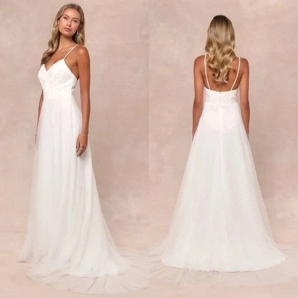 Lulus Love Perfection White Lace Tulle Pearl Beaded Maxi Dress Size M