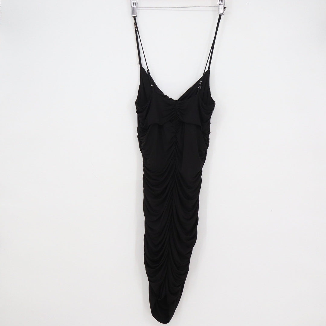 Lucy in the Sky Black Ruched Bodycon Midi Dress Rhinestone Straps Size L