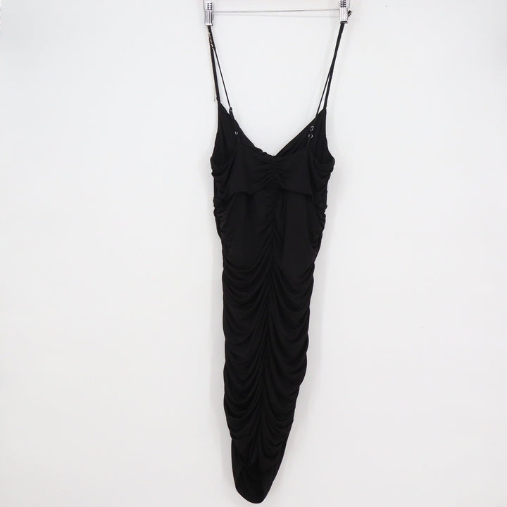 Lucy in the Sky Black Ruched Bodycon Midi Dress Rhinestone Straps Size L