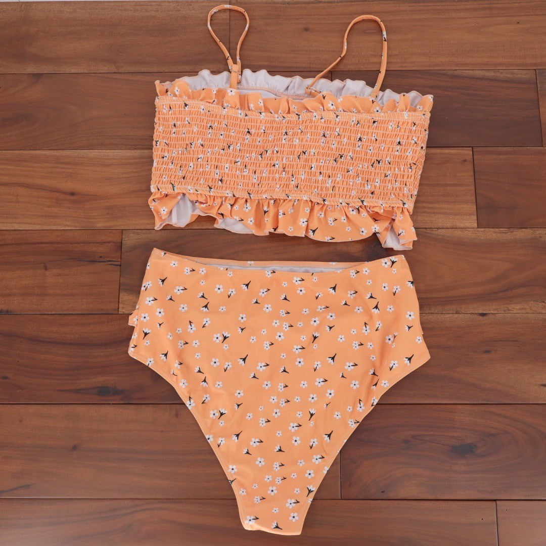 Peach Floral Smocked Bikini Ruffle High Waist Swimsuit XL