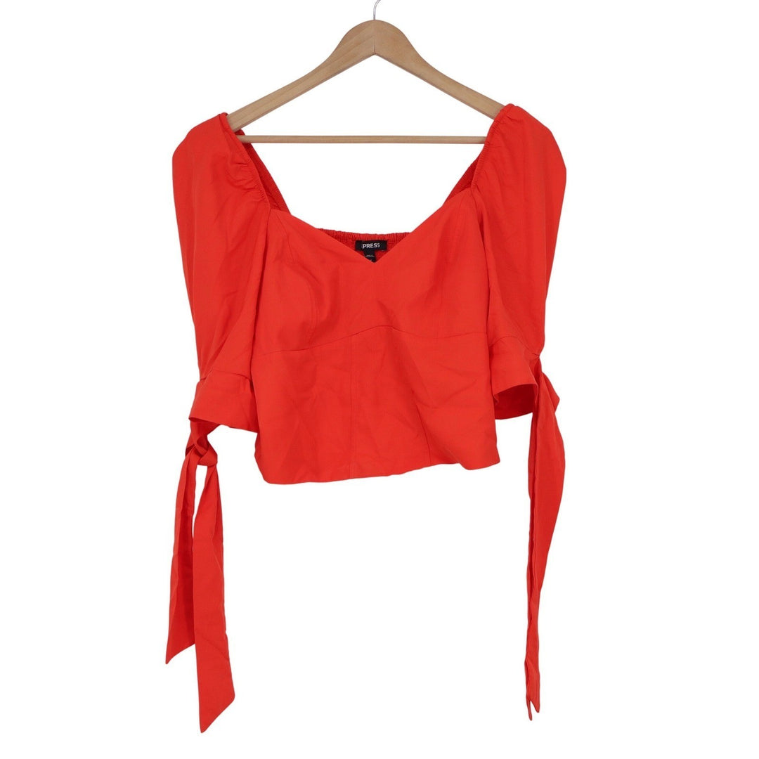 Express Womens Orange Red Puff Sleeve Smocked Back Tie Cuff Crop Top M NEW