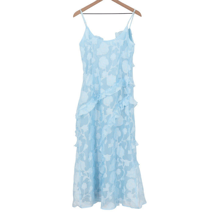 Showpo Michaela Light Blue Floral Jacquard Ruffle Tiered Midi Dress US 8