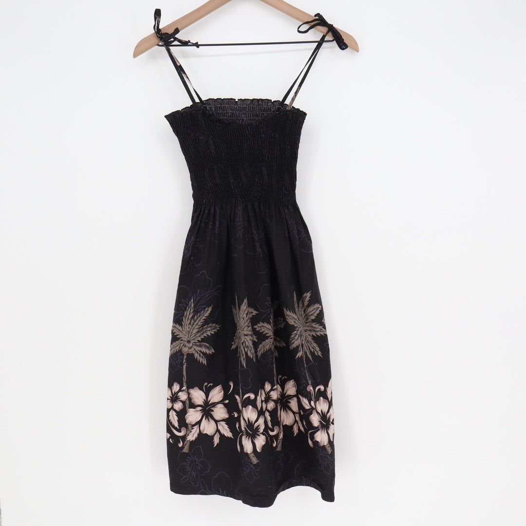 Vintage Made in Hawaii Black Tropical Palm Hibiscus Smocked Sun Dress Large L