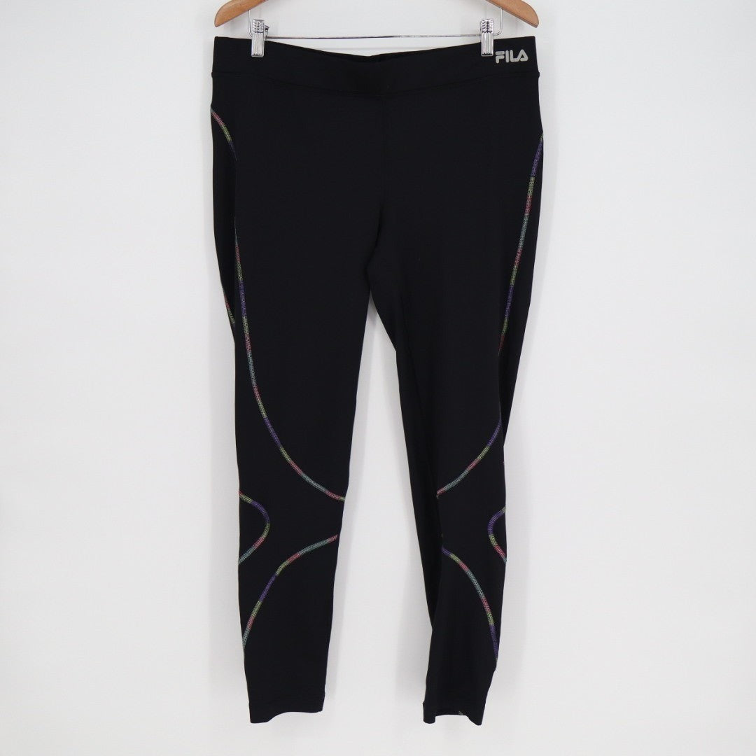 Fila Ankle Leggings Womens XL Black Stretch Elastic Waist Rainbow Stitch Workout