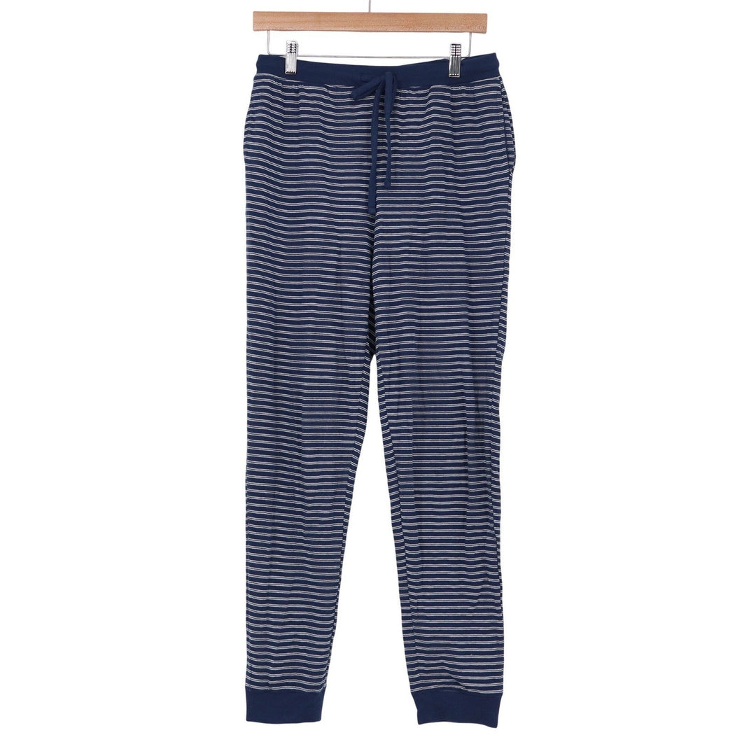 Navy Blue White Striped Cotton Knit Pajama Joggers Drawstring Pants Small