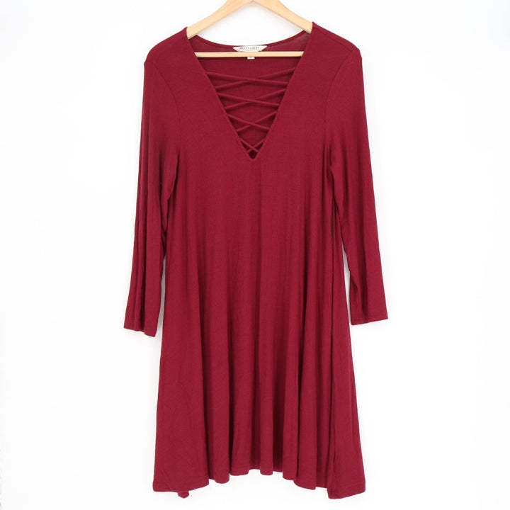 American Eagle Outfitters Soft & Sexy Dress Womens Large Red Ribbed Lace Up Neck