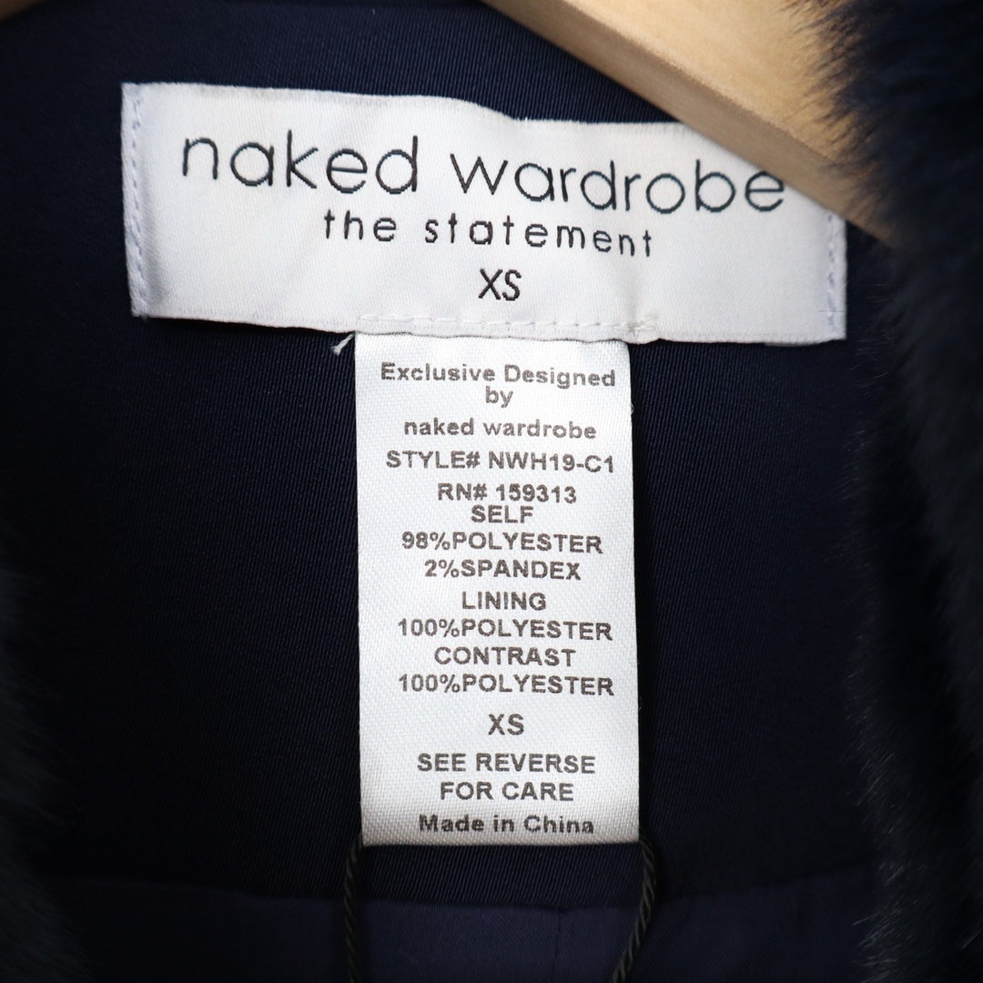 Naked Wardrobe The Statement Trench Coat Womens XS Navy Stretch Belted Fur Trim