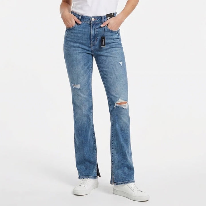 Express Skyscraper Mid Rise Flare Jeans Blue Distressed Ripped 12R