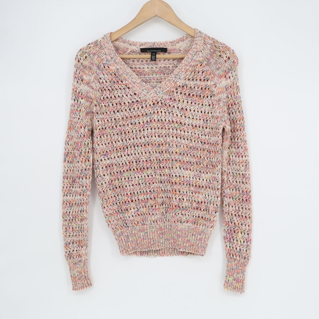 White House Black Market Multi Color Space Dye Pointelle V-Neck Sweater XS