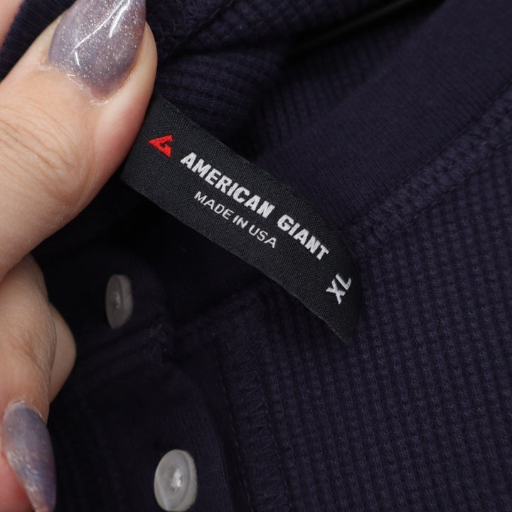 American Giant Thermal T-Shirt Women XL True Navy Cotton Waffle Knit Henley Neck